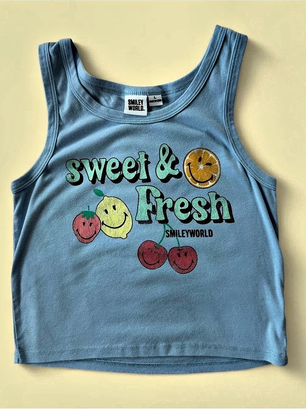 Smiley World Sweet & Fresh Fruit Graphic Crop Tank Top Blue Large